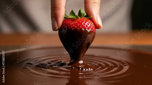 Strawberry dipped in chocolate, a delicious dessert. Strawberry dipped in chocolate, melting cocoa coating fruit. Fresh strawberry dipped in chocolate snack for video recipe, or food blog.