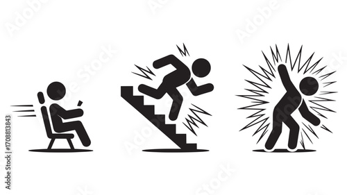 Vector art of stick figure icons showing car accident, falling down stairs, and electric shock