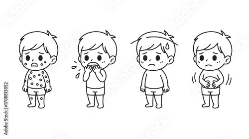 Vector art of cartoon boy showing symptoms of illness like rash, sneezing, fever, and stomach ache
