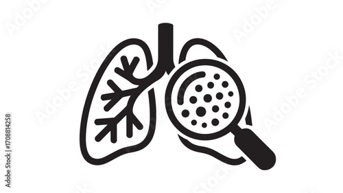 Illustration of lungs with a magnifying glass examining small dots