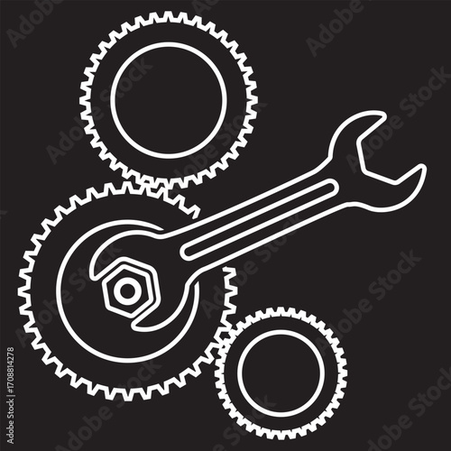 symbols of wrenches, gears, wrenches, hammers, and screwdrivers for repair and repair needs.