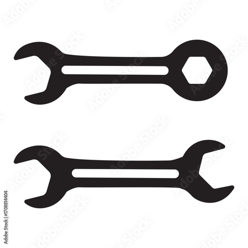 Collection of industrial pipe wrench and spanner tool icons in silhouette