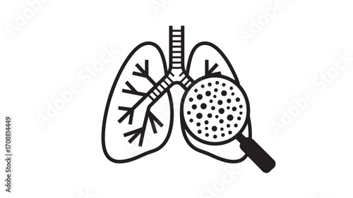 Vector art of line art illustration of lungs with a magnifying glass showing particles