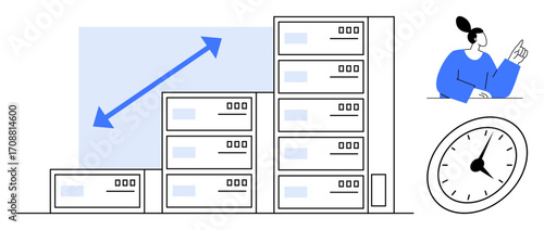 Stacked data servers with upward arrow indicating growth. Person gesturing towards progress and clock representing time management. Ideal for business, technology, analytics, data storage