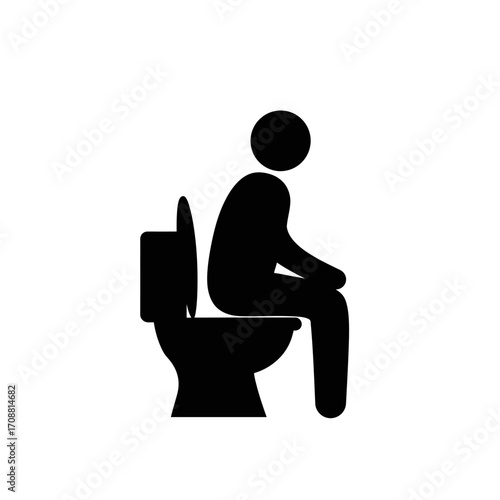 Simple black silhouette icon of a person sitting on a toilet representing bathroom use and personal hygiene