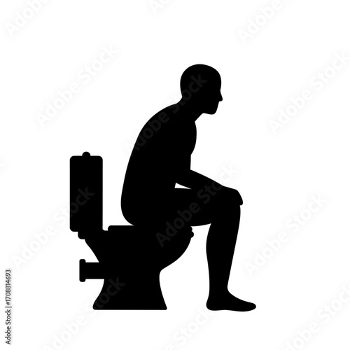 Silhouette of a person sitting on a toilet in a bathroom with a white background