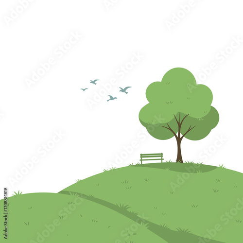 Serene green park landscape with a lone tree bench and birds flying in a clear sky