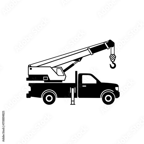 Illustration of a black truck with a white crane boom extended and hook ready for lifting heavy loads