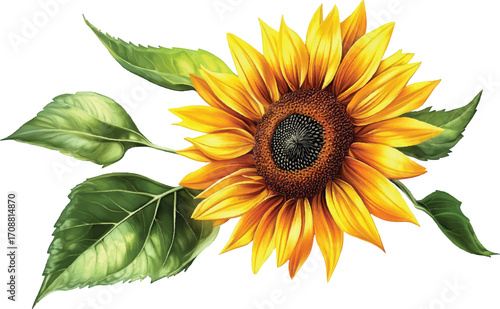 Watercolor Painting of a Bright Yellow Sunflower with Green Leaves bloom blossom