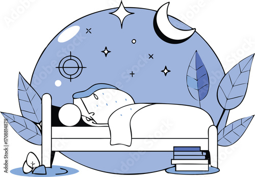 Flat Isometric Sleep Wellness with Bed, Moon, and Stars Illustration