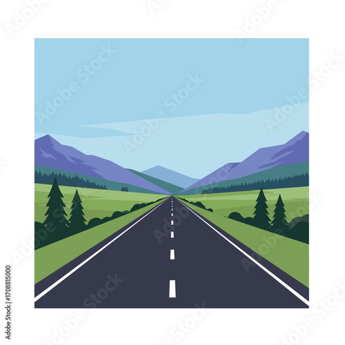Straight asphalt highway stretching into the distance with green fields and purple mountains under a clear blue sky
