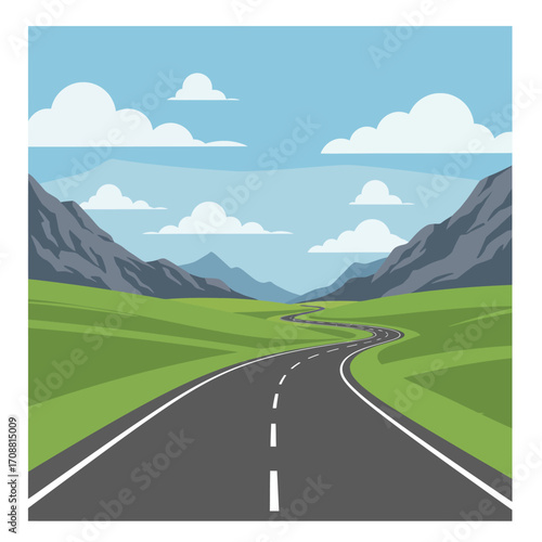 Scenic winding asphalt road through green valley with mountains and fluffy clouds under a blue sky