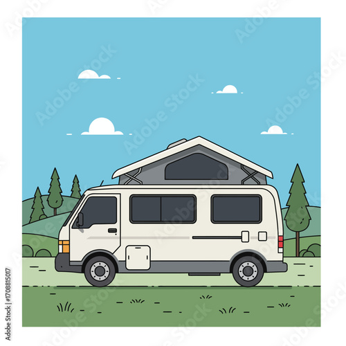 Modern white camper van with pop top roof parked in a grassy field with trees and blue sky