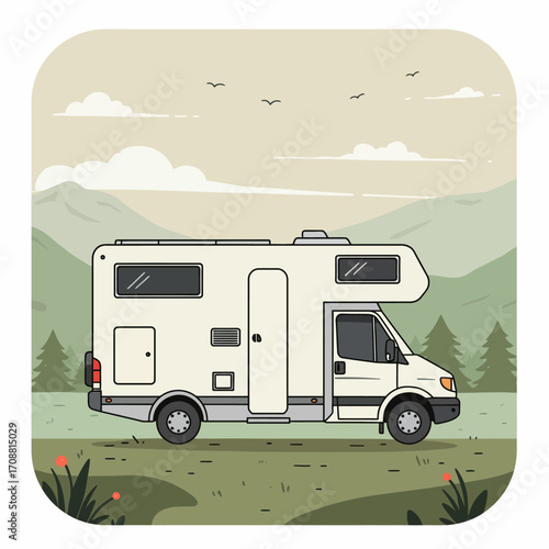Modern white recreational vehicle parked in a scenic natural landscape with rolling hills and trees