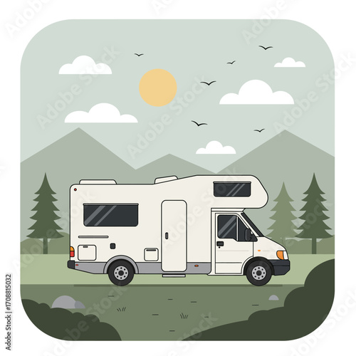 White recreational vehicle driving on a scenic road through mountains and pine trees under a cloudy sky