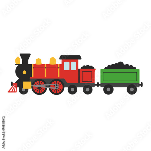 Vintage red steam locomotive with a green coal tender cart on a white background