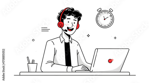 Smiling man wearing headset working on laptop at desk.