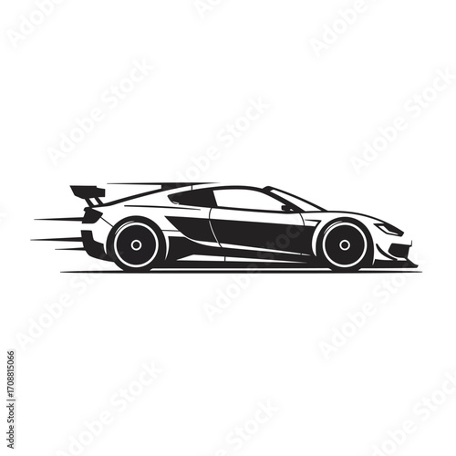 Sleek modern sports car with a large rear spoiler in a dynamic motion blur illustration