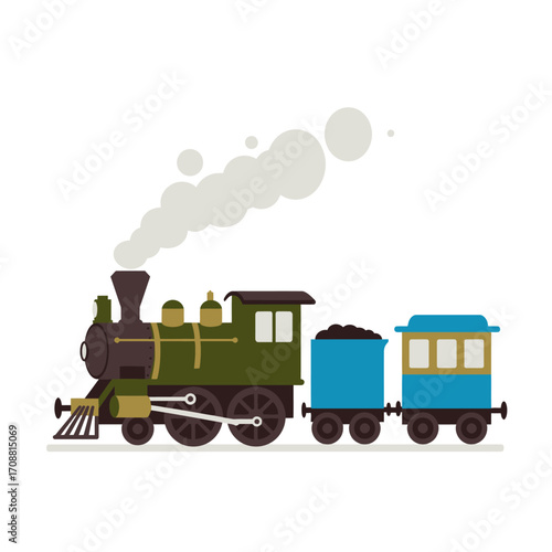 Vintage steam locomotive pulling two colorful carriages with white smoke billowing from its chimney