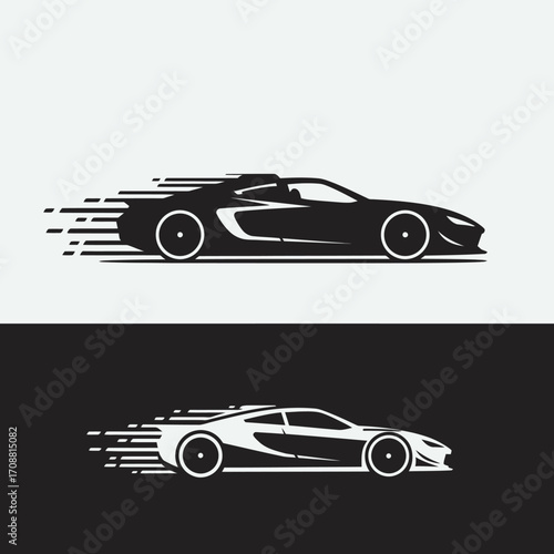 Sleek silhouette of a modern sports car in motion with speed lines on white and black backgrounds