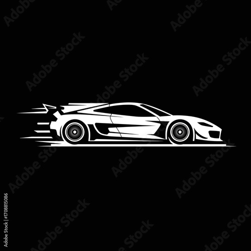 Sleek white sports car silhouette in motion on a black background with motion blur effect