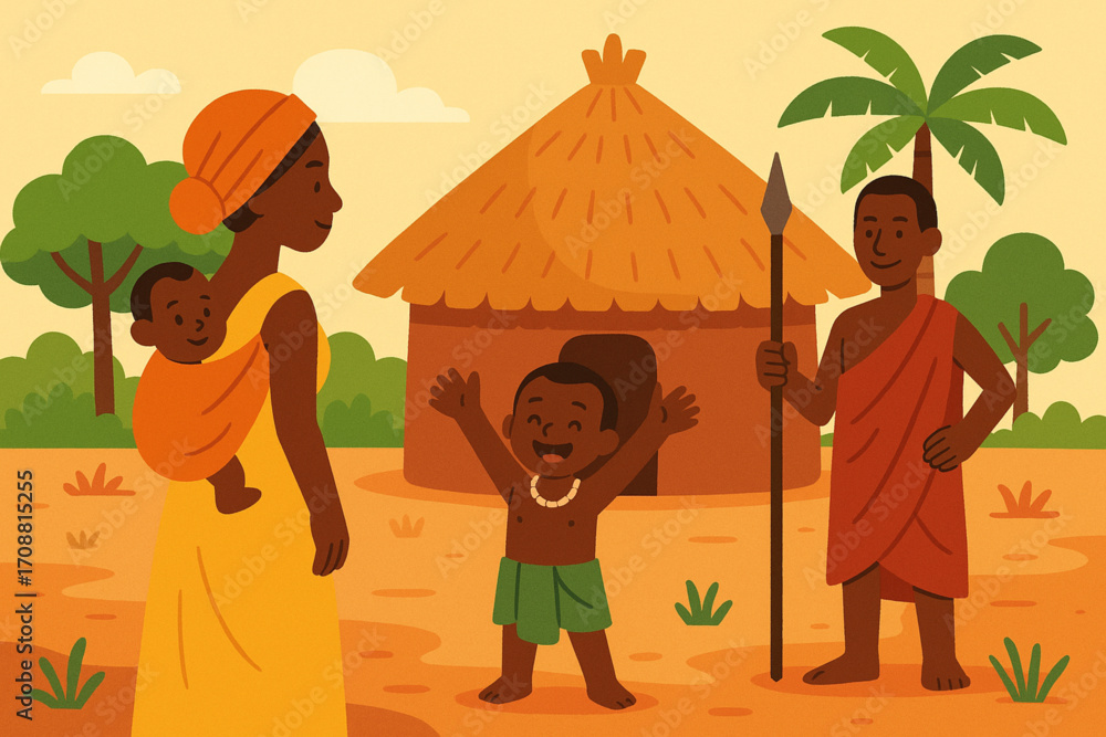 Obraz premium Flat vector illustration of African village family with hut, palm tree, and traditional clothing