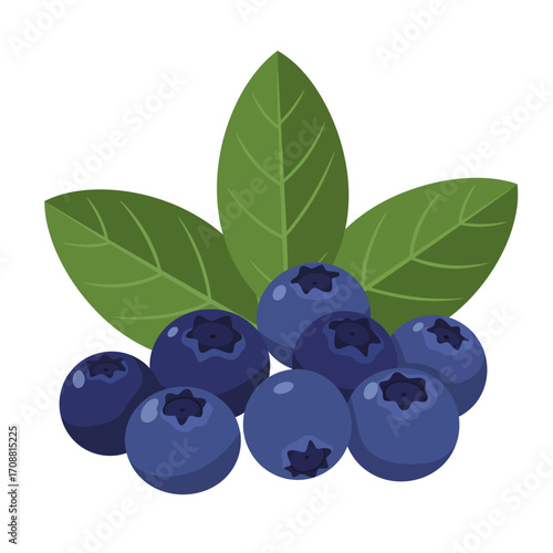 Fresh ripe blueberries with green leaves isolated on white background healthy food illustration