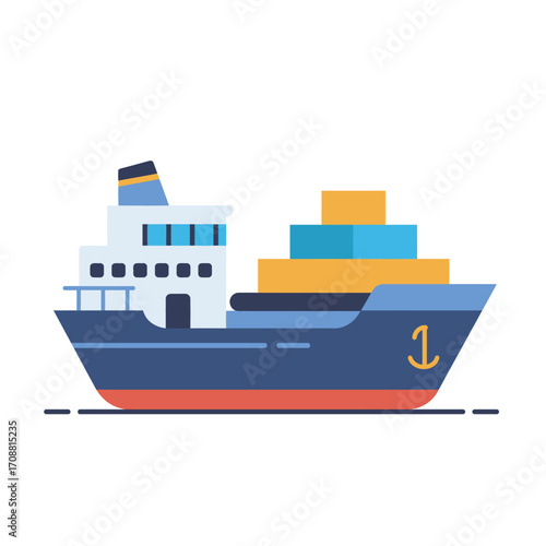Modern cargo ship with containers sailing on the sea with an anchor symbol on its side