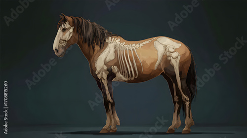 Detailed Horse Anatomy Illustration Showing Skeletal and Muscular Systems.