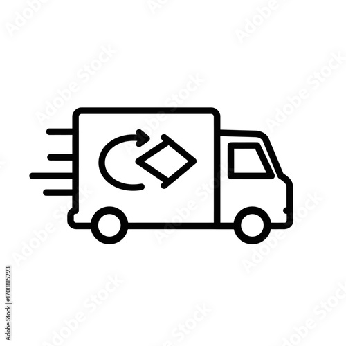 Simple line art icon of a delivery truck with a circular arrow symbol indicating movement and speed