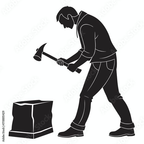 Man sharpening axe with stone