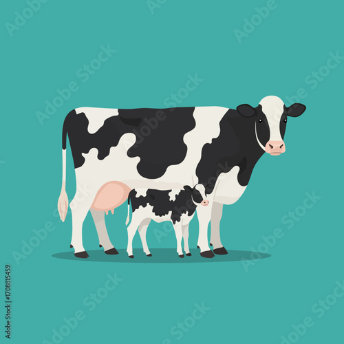 Adorable holstein friesian cow and calf standing together on a teal background in a flat design style