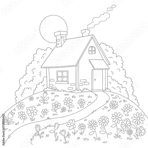 Charming hand drawn outline illustration of a cozy cottage nestled on a hill with a winding path and blooming garden