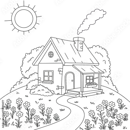 Whimsical hand drawn outline of a cozy house on a hill with flowers and a sunny sky