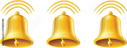 Three Golden Bells Ringing with Sound Waves on a White Background vector illustration