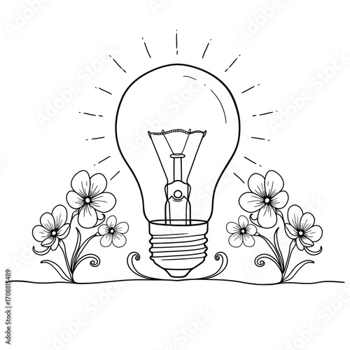 Hand drawn sketch of a glowing light bulb surrounded by blooming flowers representing new ideas and creativity
