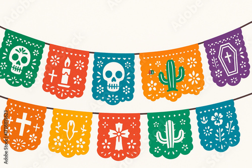Colorful papel picado vector banner for Día de los Muertos celebration with festive cut-out designs