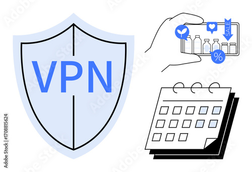 Shield with VPN text, hand holding smartphone for online shopping with sale icons, and calendar planner. Ideal for cybersecurity, e-commerce, planning, privacy, productivity, safety protection