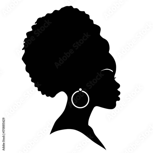 Elegant black silhouette of a woman with a large afro hairstyle and hoop earrings
