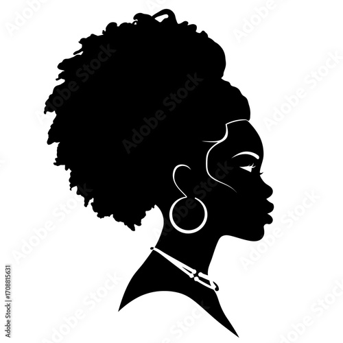 Elegant silhouette profile of a black woman with a voluminous afro and hoop earrings