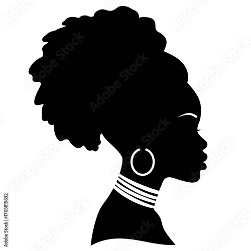 Elegant silhouette profile of a black woman with a large afro hairstyle and jewelry