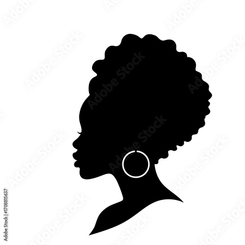 Silhouette of a black woman with a large afro hairstyle and hoop earring against a white background
