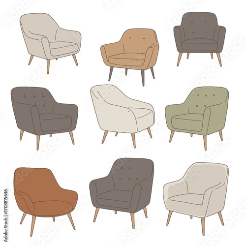 Collection of nine upholstered armchairs in various neutral and warm colors arranged in a grid