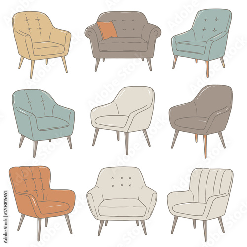Collection of nine vintage armchair illustrations in various pastel colors and styles on a white background