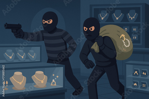 Vector illustration of jewelry store robbery with masked thieves, gun, and stolen jewelry