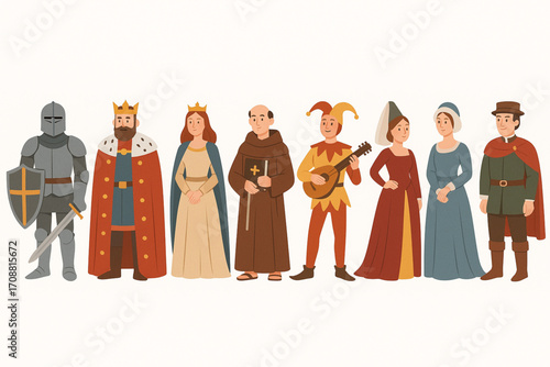 Vector illustration of medieval characters including knights, king, queen, jester, monk, nobles, and court figures