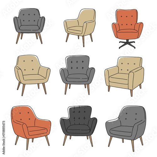 Collection of nine hand drawn illustrations of vintage and modern armchairs in various colors and styles