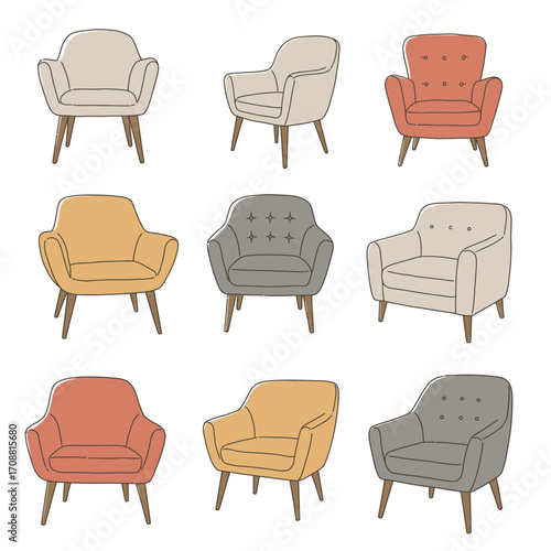Collection of nine distinct armchair designs in various colors and styles hand drawn illustration