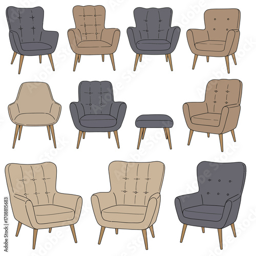 Collection of tufted upholstered armchairs and ottoman in neutral tones on white background