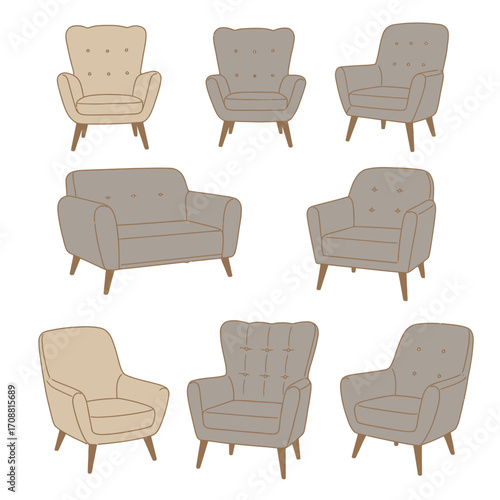 Collection of seven vintage and classic armchairs and sofas in neutral tones on a white background